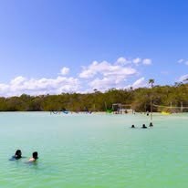 Aguas claras y visitantes nadando